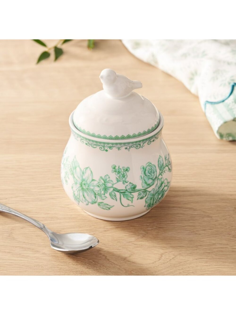 The Pioneer Woman Home Green Ceramic Kitchen Floral Sugar Bowl with Bird Lid - Picture 4 of 5